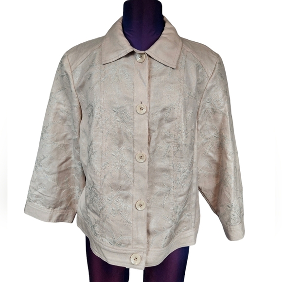 NWT Chico's Foil Embroidered Dusty Pink Jean Jacket Size 12 Chico's Size 2 Women - Picture 1 of 11